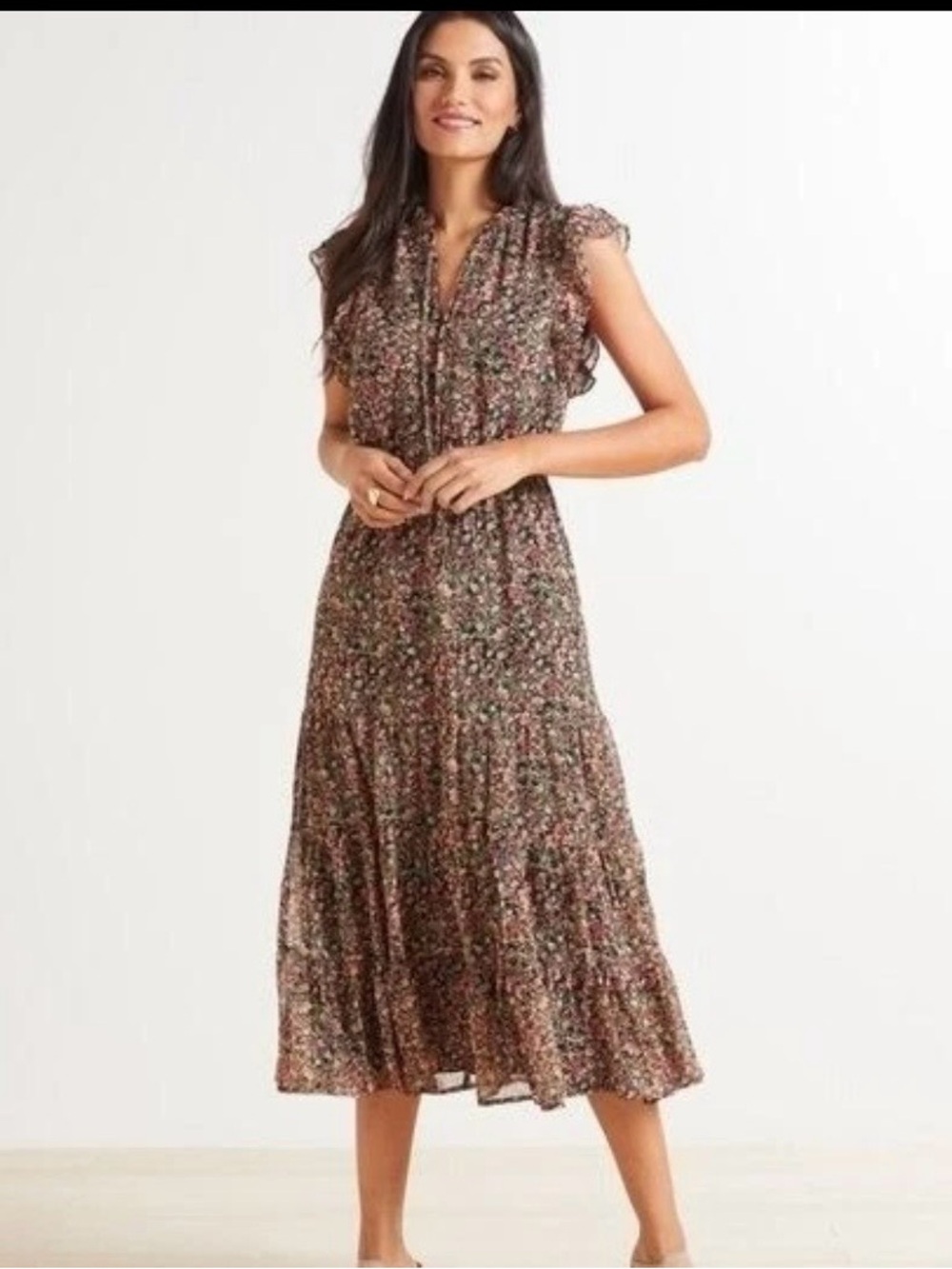 BB Dakota Women's Size XL Darcy Floral Midi Dress Black Floral Keyhole Flutter